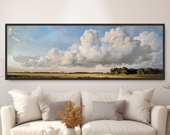Vintage Cloud Art. Big Sky Panoramic Oil Painting. Blue White Beige Wall Art. Traditional Countryside Field Prariecore Decor Canvas Print.