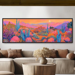 May include: A vibrant desert landscape painting with a sunset sky in shades of orange, pink, and purple. The painting features tall cacti and other desert plants in shades of blue and green.