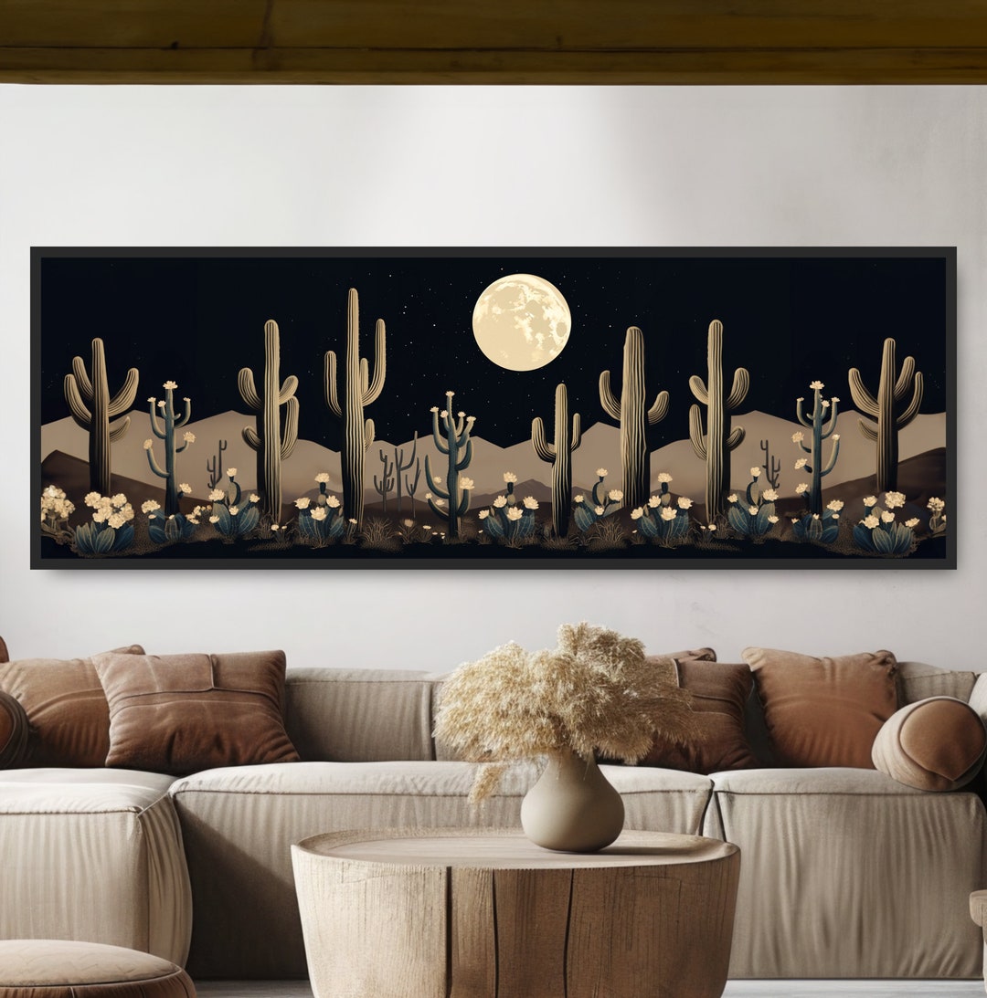 Cactus & Full Moon Desert Landscape. Whimsical Panoramic Western Boho ...
