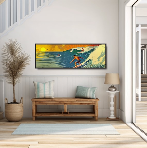 Gift for Surfer. Retro Surf Couple Illustration. Vintage 1960s