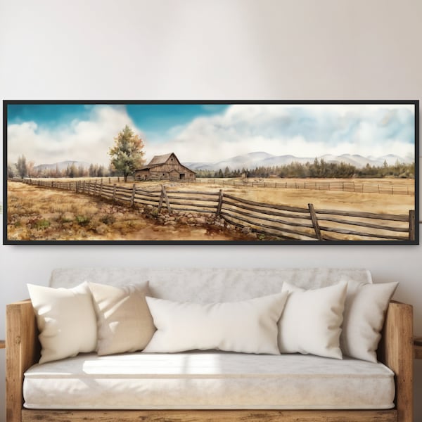 Farm Landscape Watercolor Print. Barn Panoramic Canvas, Acrylic, or Poster. Large Landscape Wall Art Painting. Framed or Unframed. Farmhouse