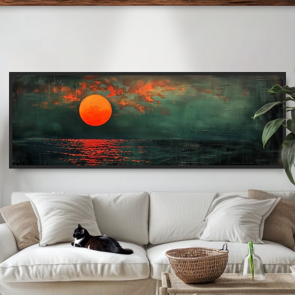 Vintage Sunset over Ocean Distressed Weathered Oil Painting Print. Minimal Panoramic Sea Landscape. Framed Boho Wall Art. Dark Green Orange.