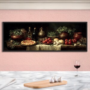 Pizza Renaissance Oil Painting Print Wall Art: Panoramic Italian Kitchen Decor, Tuscan Still Life