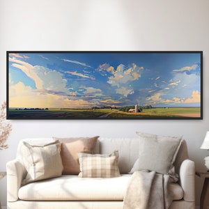 May include: A panoramic landscape painting depicting a rural scene with a red barn and silo in the distance. The sky is a vibrant blue with fluffy white clouds. The painting is framed in black.