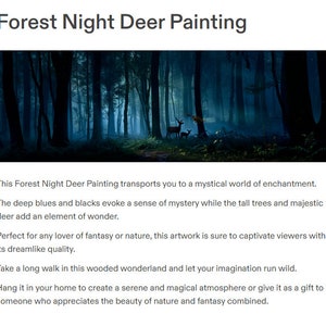 May include: A painting titled "Forest Night Deer Painting" depicts a dark forest scene. Tall trees frame a path leading to a misty background. Two deer stand in the distance. The artwork uses deep blues and blacks.