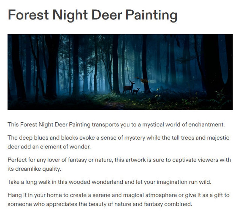 May include: A painting titled "Forest Night Deer Painting" depicts a dark forest scene. Tall trees frame a path leading to a misty background. Two deer stand in the distance. The artwork uses deep blues and blacks.