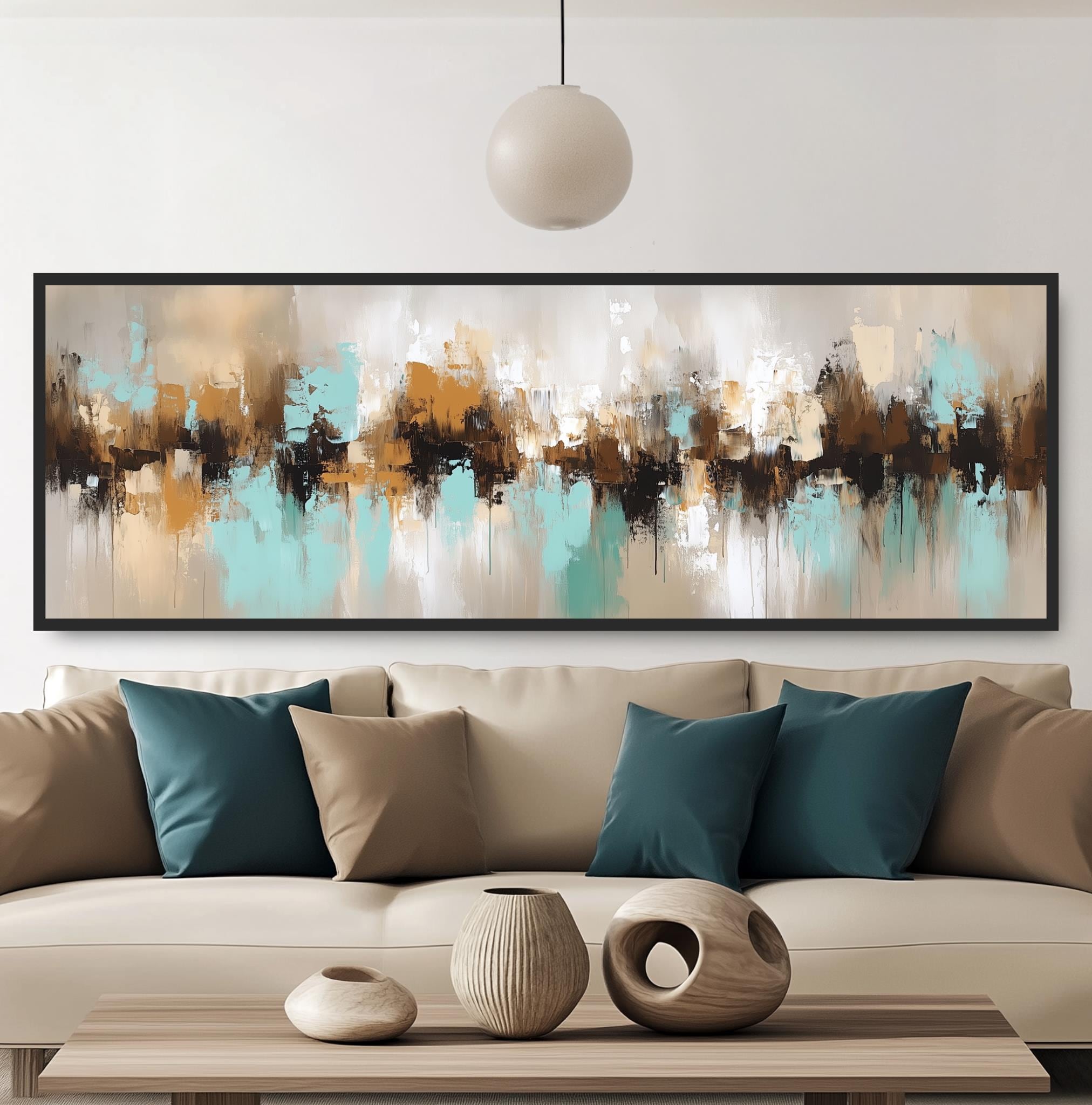 Modern Abstract Painting Print, Contemporary Teal Beige Brown Canvas ...