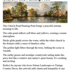 K&ouml;nnte beinhalten: Ein Gem&auml;lde-Druck, der eine friedliche Herbstszene mit einem Teich zeigt, der sanfte Blau- und Gelbt&ouml;ne reflektiert. In der Ferne ist eine wei&szlig;e Kirche zu sehen, umgeben von B&auml;umen. Enten gleiten &uuml;ber das Wasser und schaffen eine ruhige Atmosph&auml;re.