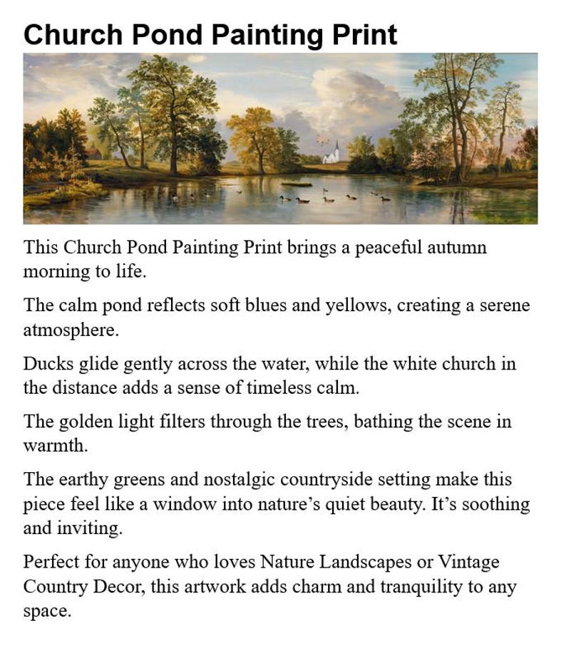K&ouml;nnte beinhalten: Ein Gem&auml;lde-Druck, der eine friedliche Herbstszene mit einem Teich zeigt, der sanfte Blau- und Gelbt&ouml;ne reflektiert. In der Ferne ist eine wei&szlig;e Kirche zu sehen, umgeben von B&auml;umen. Enten gleiten &uuml;ber das Wasser und schaffen eine ruhige Atmosph&auml;re.