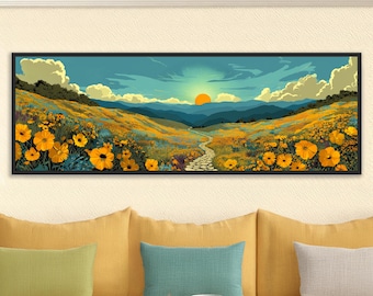 Cuadro mural con flores silvestres y amanecer en un sendero de montaña: Gran decoración panorámica de estilo cottagecore, ilustración veraniega en tonos verde azulado de los Apalaches.