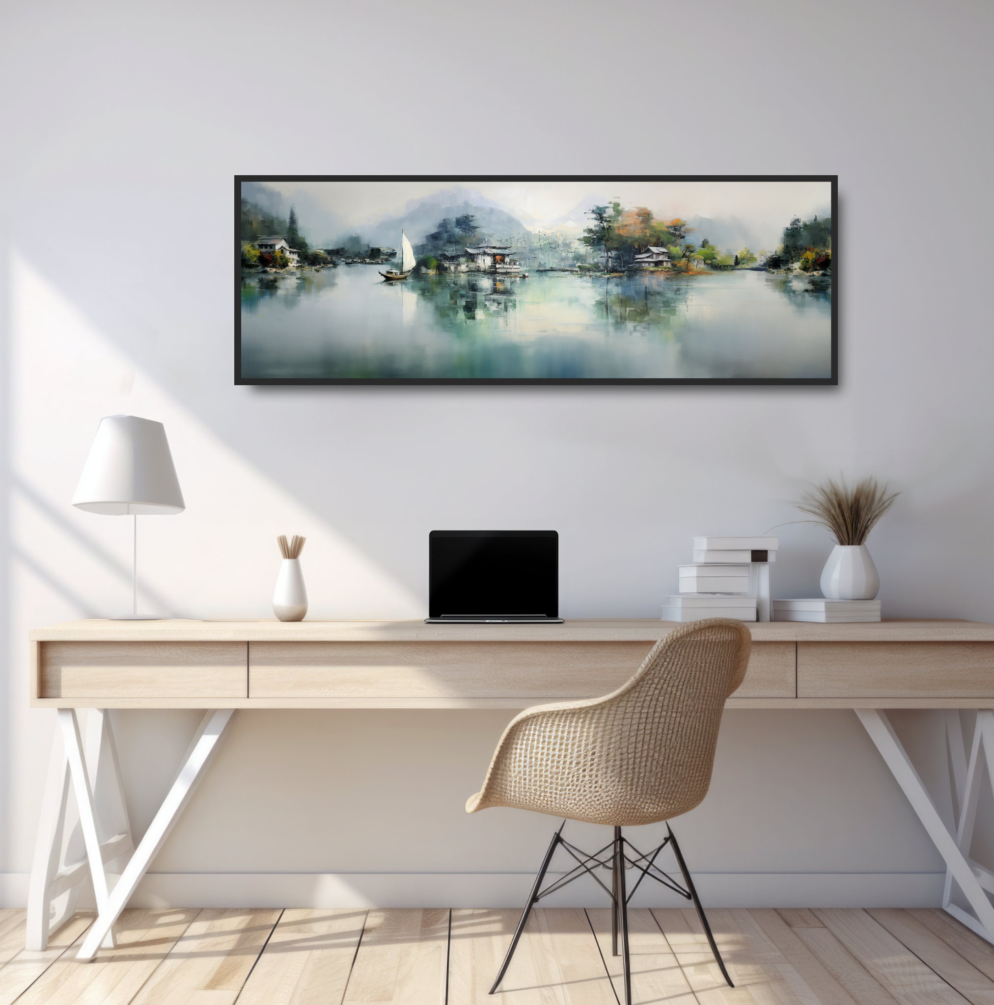 Sailboat on a Lake. Asian Panoramic Landscape Canvas Oil Painting
