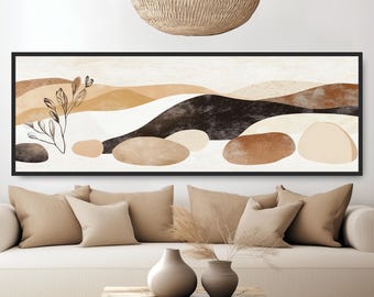 Minimalist Rocks and Plants Landscape, Calm Canyon Panoramic Canvas, Boho Decor, Rustic Japandi Art, Botanical Stones, Beige Brown Black
