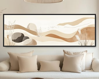Neutral Boho Desert Landscape, Abstract Hills Panoramic Canvas Art, Minimalist Nature, Beige Brown Earth Tones, Calm Japandi Decor Zen Rocks