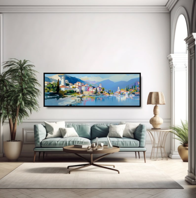 Italian Seaside Village Panoramic Oil Painting Print. Mediterranean Ocean Town, Romantic Coastal Italy, Colorful Reflections in a Calm Sea. image 2