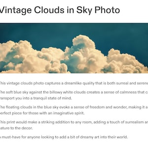 Foto vintage de nubes en el cielo. Arte surrealista de ensueño, decoración minimalista de pared, lienzo panorámico grande, póster, calma zen, azul y blanco. imagen 2