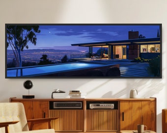 Midcentury Modern Home Overlooking Los Angeles Night Panoramic Painting. Landscape Canvas Art. Retro Vintage Atomic Age Architecture Print.