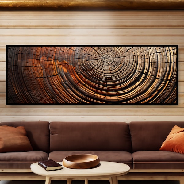 Wood Tree Rings Wall Art Print, Cross Section Cut Log Stump, Wooden Forest Cabin Decor, Dark Brown Red Golden Orange Yellow Panoramic Canvas