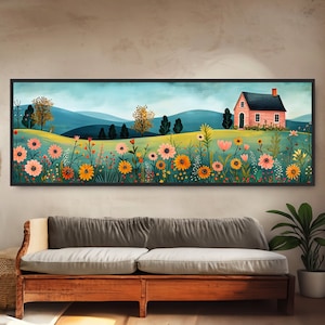 May include: A painting of a pink house with a green roof in a field of colorful flowers. The house is surrounded by trees and hills in the background. The sky is blue and there are clouds in the distance.