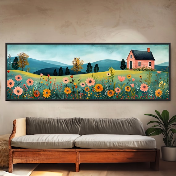 Whimsical Folk Art Flowers Pink House Painting, Farm Cottage Artwork, Colorful Wildflowers, Panoramic Storybook Wall Art Country Boho Decor.