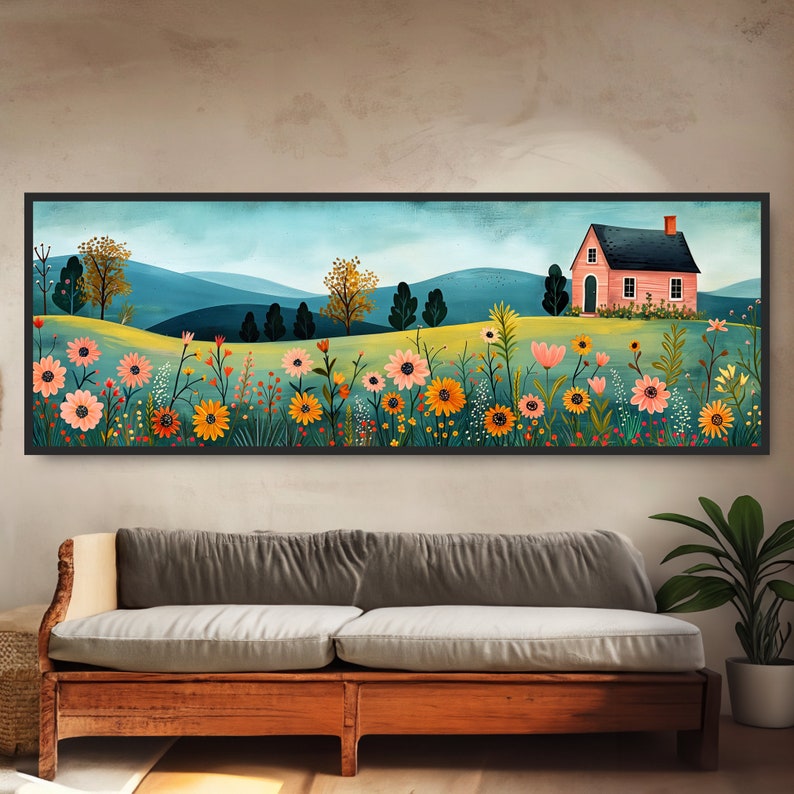 May include: A painting of a pink house with a green roof in a field of colorful flowers. The house is surrounded by trees and hills in the background. The sky is blue and there are clouds in the distance.