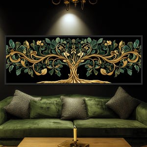 Tree of Life Wall Art, Mystical Nature Artwork, Panoramic Canvas Print, Gold Green, Symbolic Tree Painting, Gothic Boho Decor, Golden Forest