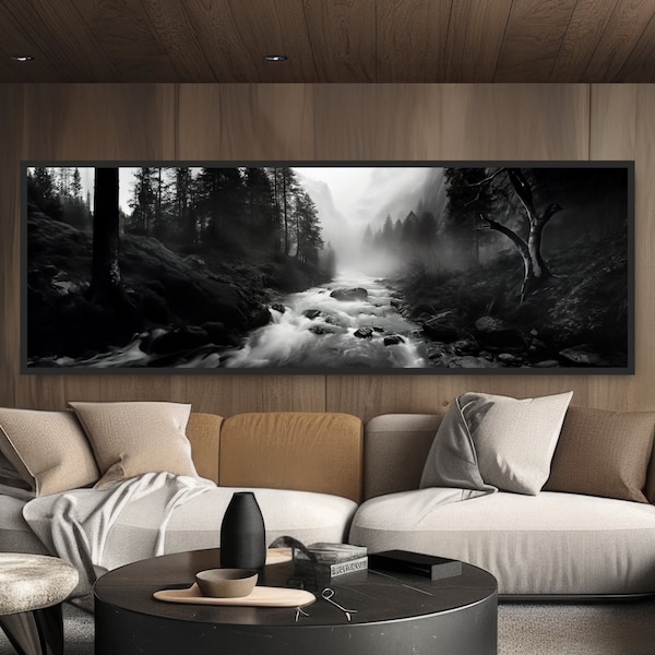 Bold Dramatic Nature Wall Art. White Water River Rapids High-Contrast Black & White Panoramic Landscape Photo. Mountain Forest, Rocks, Mist.