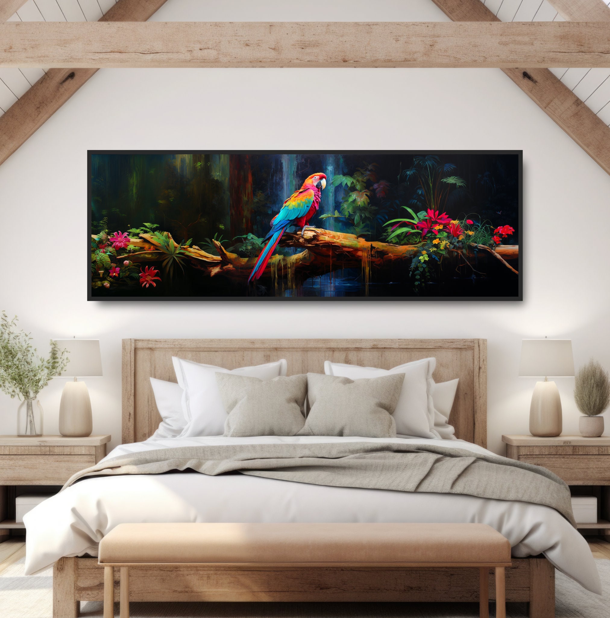 Image showcasing Macaw Parrot & Jungle Waterfall. Colorful Panoramic Painting. Large ...