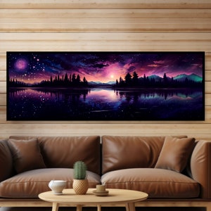 Pintura nocturna mágica del cielo estrellado. Cielo púrpura de fantasía mística, nubes y estrellas del atardecer en el lago. Colorido arte de pared de paisaje panorámico cósmico.