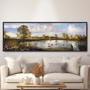 May include: A panoramic landscape painting depicting a serene lake with ducks swimming in the water. The lake is surrounded by trees and a wooden dock extends into the water. The sky is blue with white clouds.