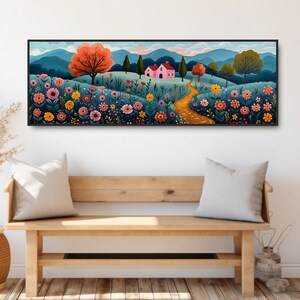 May include: A painting of a pink house with a yellow path leading to it. The house is surrounded by a field of colorful flowers and trees. The background is a blue sky with mountains in the distance.