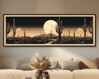 Western Cactus & Full Moon. Panoramic Desert Poster or Canvas. Wide Bold Black Southwestern Saguaro Painting. Retro Boho Wall Art Print.