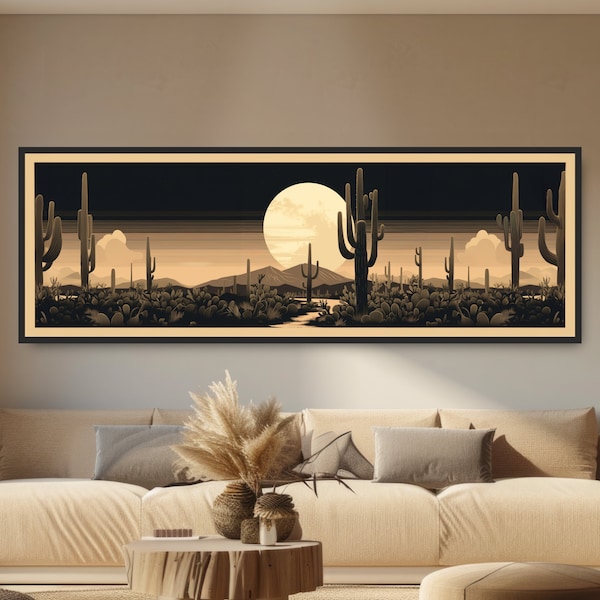 Western Cactus & Full Moon. Panoramic Desert Poster or Canvas. Wide Bold Black Southwestern Saguaro Painting. Retro Boho Wall Art Print.