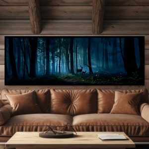 May include: A panoramic canvas print depicting a serene forest scene. The artwork features tall, dark trees, a misty atmosphere, and a pair of deer in a clearing. The color palette is dominated by blues and greens, creating a tranquil ambiance.