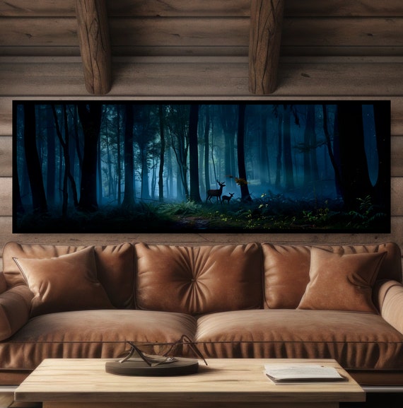 Forest Night Deer Painting. Enchanted Woods Panoramic Landscape. Doe Fawn Buck, Tall Trees, Blue Black Green Wall Art. Fantasy Cabin Decor.