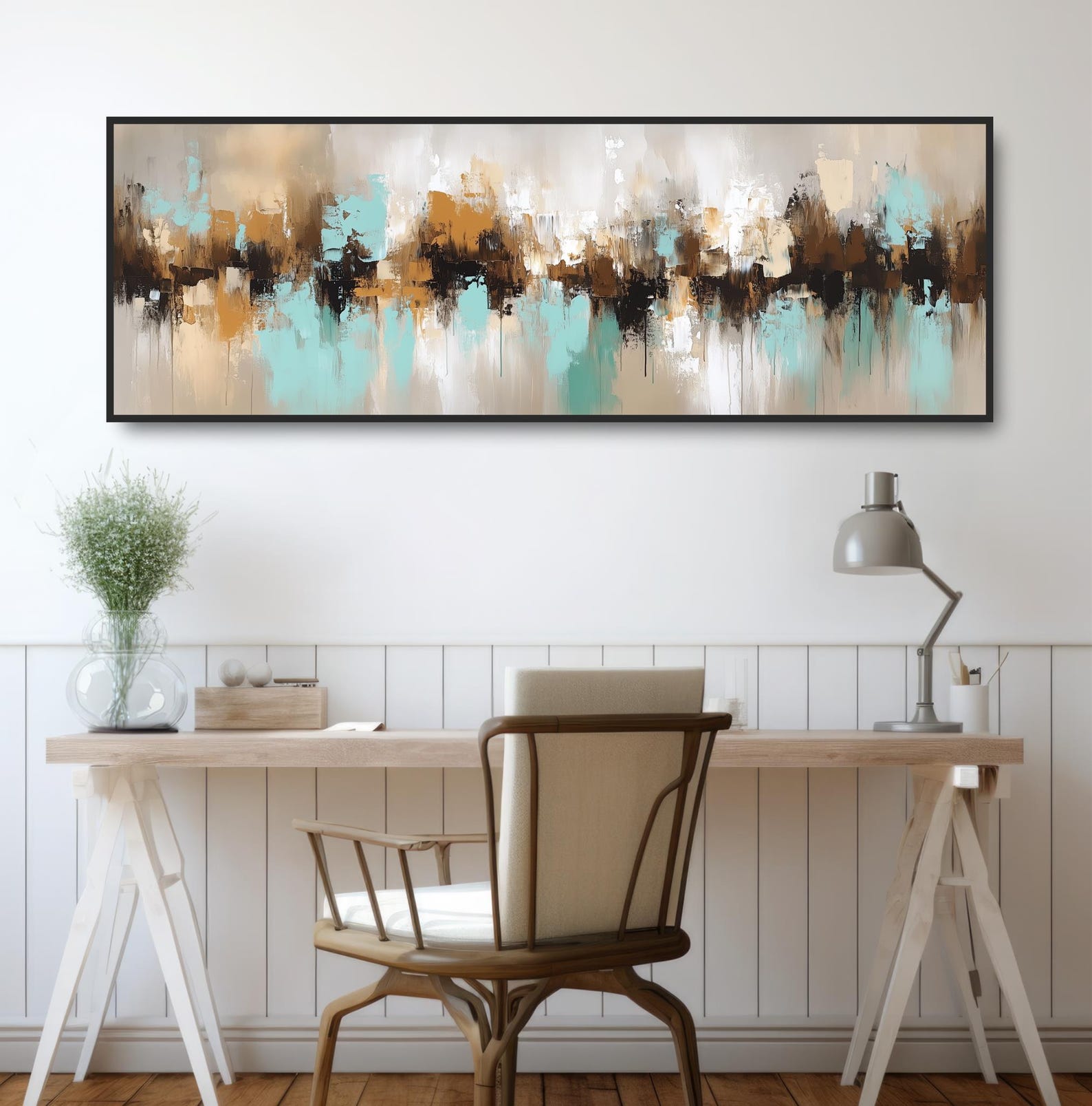 Modern Abstract Painting Print, Contemporary Teal Beige Brown Canvas ...