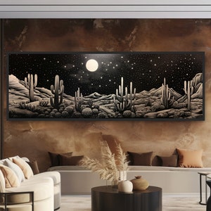 Impresión de cactus en la noche estrellada del desierto. Lienzo o póster con paisaje panorámico. Luna llena brillante. Ilustración bohemia retro, audaz y caprichosa de estilo western.