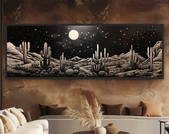 Desert Starry Night Cactus Print. Panoramic Landscape Canvas or Poster. Bright Full Moon. Bold Whimsical Retro Western Boho Illustration.