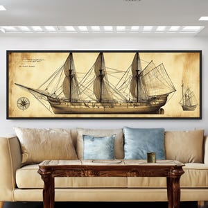 Vintage dessin de voilier, art mural décor nautique, diagramme naval antique panoramique, histoire maritime du XVIIIe siècle, impression sur parchemin sépia