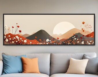 Cuadro panorámico de paisaje montañoso floral: Estampado ancho de flores silvestres estilo boho. Decoración escandinava para el hogar.