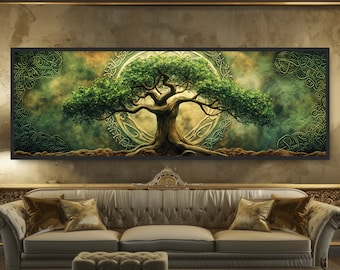 Medieval Celtic Tree of Life Yggdrasil Painting. Large Oak Tree Panoramic Wall Art Decor. Gold & Green Ornate Mystical Magical Canvas Print.