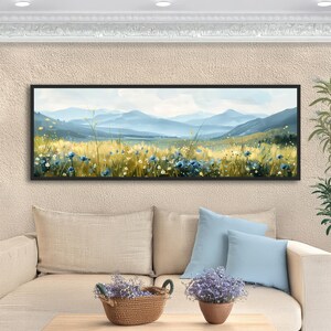 Blue Poppy Meadow Panoramic Print: Alpine Mountain Landscape, Rustic Farmhouse Wall Art