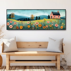 May include: A painting of a pink house with a green roof in a field of colorful flowers. The house is set against a backdrop of rolling hills and a blue sky.