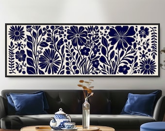 Abstract Geometric Flowers Navy Blue. Minimalist Botanical Floral Print Wall Art. MidCentury Modern Boho Decor. Neutral Panoramic Nature.