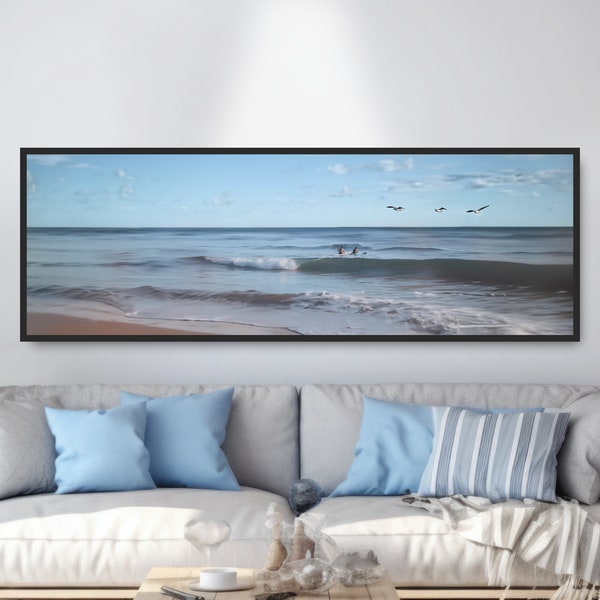 Gift for Surfer. Vintage Retro Surf Photo Art. Surf Friends, California Panoramic Beach Surfing Photograph, Blue Wave, Seagulls, Beach House