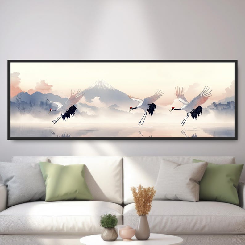 Japanese Cranes Landing Mount Fuji Wall Art: Large Panoramic Watercolor ...