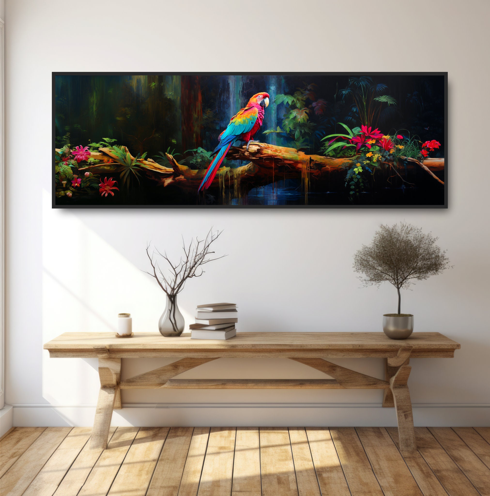 Gallery Detail: Macaw Parrot Jungle Waterfall Colorful Panoramic Painting Large