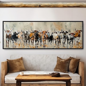 Longhorn Cattle Herd Painting. Rustic Western Farmhouse Decor. Abstract Animal Art. Old West Panoramic Canvas or Poster. Neutral Earth Tones