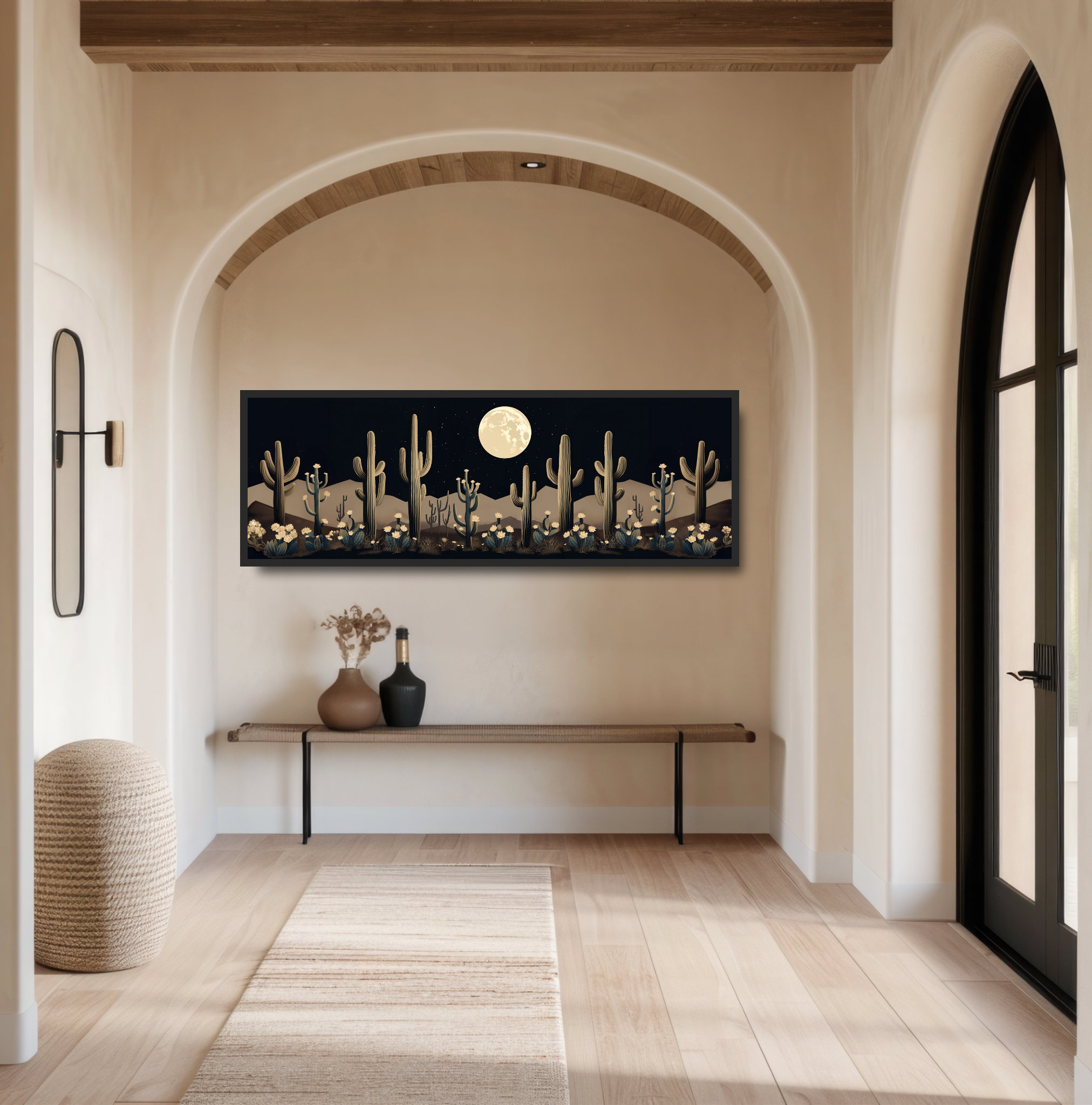 Cactus & Full Moon Desert Landscape. Whimsical Panoramic Western Boho ...