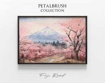 Japan Watercolor Painting Vintage Fuji Mountain Print Watercolor Sakura Tree Vintage Painting Cherry Blossom Trees TV Art Printable Download