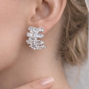 Silver CZ Ear Climber Earrings, Baguette Crystal Studs, Minimalist Statement Earrings, Modern Sparkly Jewelry